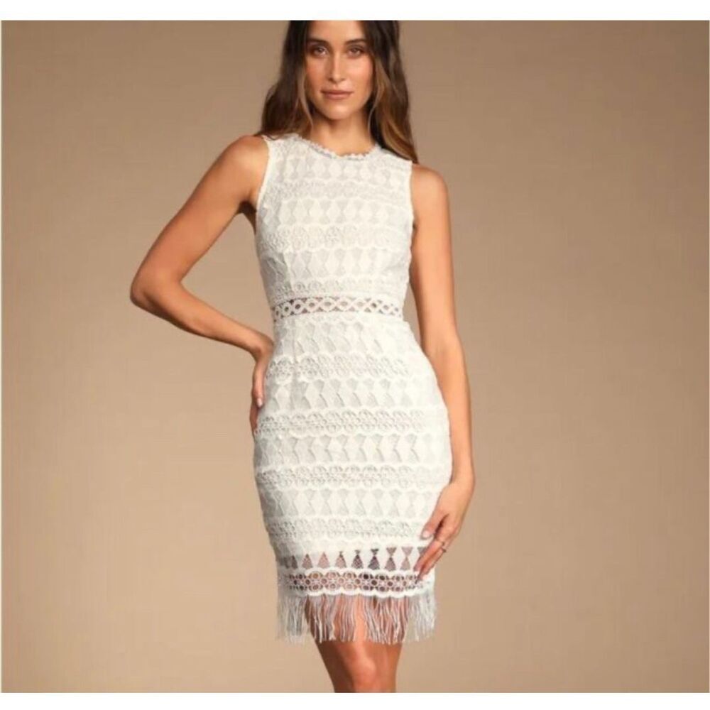 Lulus Kenna White Crochet Lace Sleeveless Bodycon Dress size Small